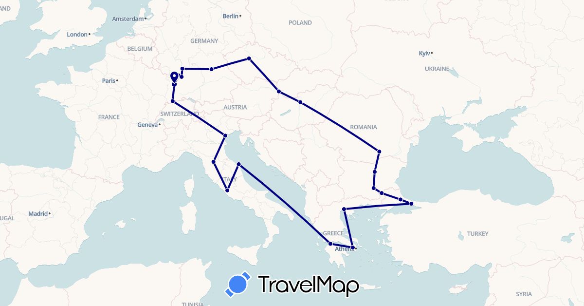 TravelMap itinerary: driving in Bulgaria, Switzerland, Czech Republic, Germany, France, Greece, Hungary, Italy, Romania, Slovakia, Turkey (Asia, Europe)