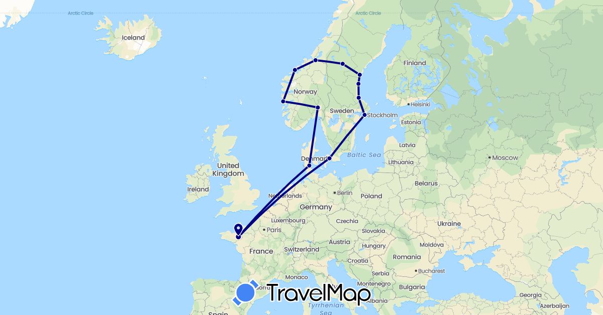 TravelMap itinerary: driving in Denmark, France, Norway, Sweden (Europe)